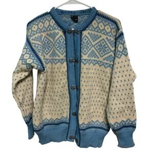 DALE of Norway Vintage Fair Isle Pure Wool Nordic Blue Cream Cardigan Sweater S